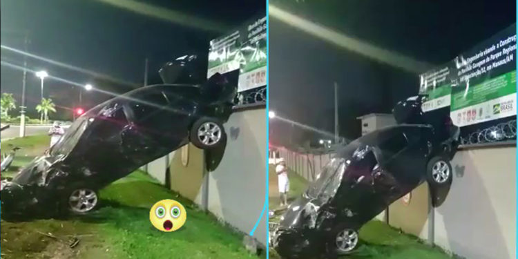 carro fica pendurado em muro do BPE após acidente