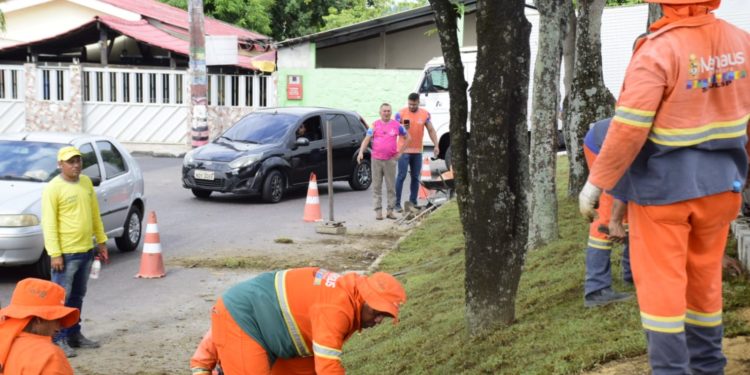 Prefeitura de Manaus realiza serviço de jardinagem na rua Goiânia